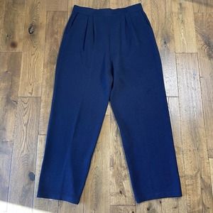 St. John Basics Santana Wool Knit Wide Leg Pants Sz 12 Pleated Front Navy Blue
